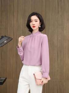 T-shirt en soie décontracté Real Shot pour femme 2025 avec col en dentelle vintage Style tissé à manches longues - Product Image 6