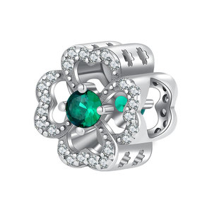 Abalorio de Plata S925 con Trébol de Cuatro Hojas de la Suerte, Flor Hueca con Circonita Verde CZ, Bañado en Rodio, para Pulsera DIY, Regalo para Mujer - Product Image 1