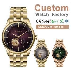 Relojes Mecánicos para Hombre con Esfera Esqueletizada Simple Personalizada OEM ODM, Movimiento Japonés Miyota 82S5, Caja y Brazalete de Acero Inoxidable 316L Dorado - Product Image 1