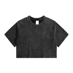 Vente chaude 180gsm coton biologique sérigraphie o neck crop tee uni vintage lavage à l'acide boxy tshirt pour les femmes