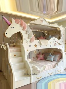 Letto a castello multifunzionale personalizzato per bambini, in legno, a tema unicorno, stile principessa, per <span class=keywords><strong>bambina</strong></span>. - Product Image 1