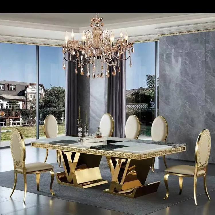 Tables de salle à manger haut de gamme en acier inoxydable de luxe Unique de grande taille en pierre de marbre