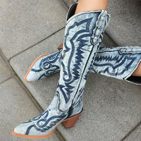 Bottes de cowboy rétro pour femmes en denim, bottes d'équitation en cuir montantes, talon en bois, broderie, chaussures décontractées pour la marche