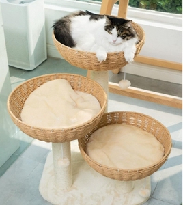 Arbre à chat moderne en bois, multi-niveaux, avec paniers en rotin, maisonnette en osier, perchoir de fenêtre, griffoir et structure d'escalade, en carton - Product Image 3