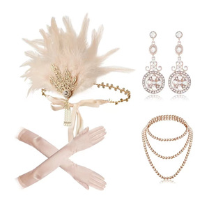 Kit d'accessoires vintage années 1920 pour Charleston : Coiffe en plumes couleur champagne, bijoux en perles, longs gants – Ensemble pour fête Gatsby et cosplay - Product Image 2