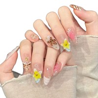 Ongles en acrylique à presser, texture coquillage marron, motifs 3D fleurs jaunes et étoiles de mer, options de logo personnalisables, longueur moyenne pour salon