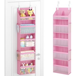 Organisateur suspendu au-dessus de la porte pour bébé, 5 niveaux, étagères de rangement roses pour la chambre d'enfant avec poches en filet pour jouets et articles essentiels - Product Image 1