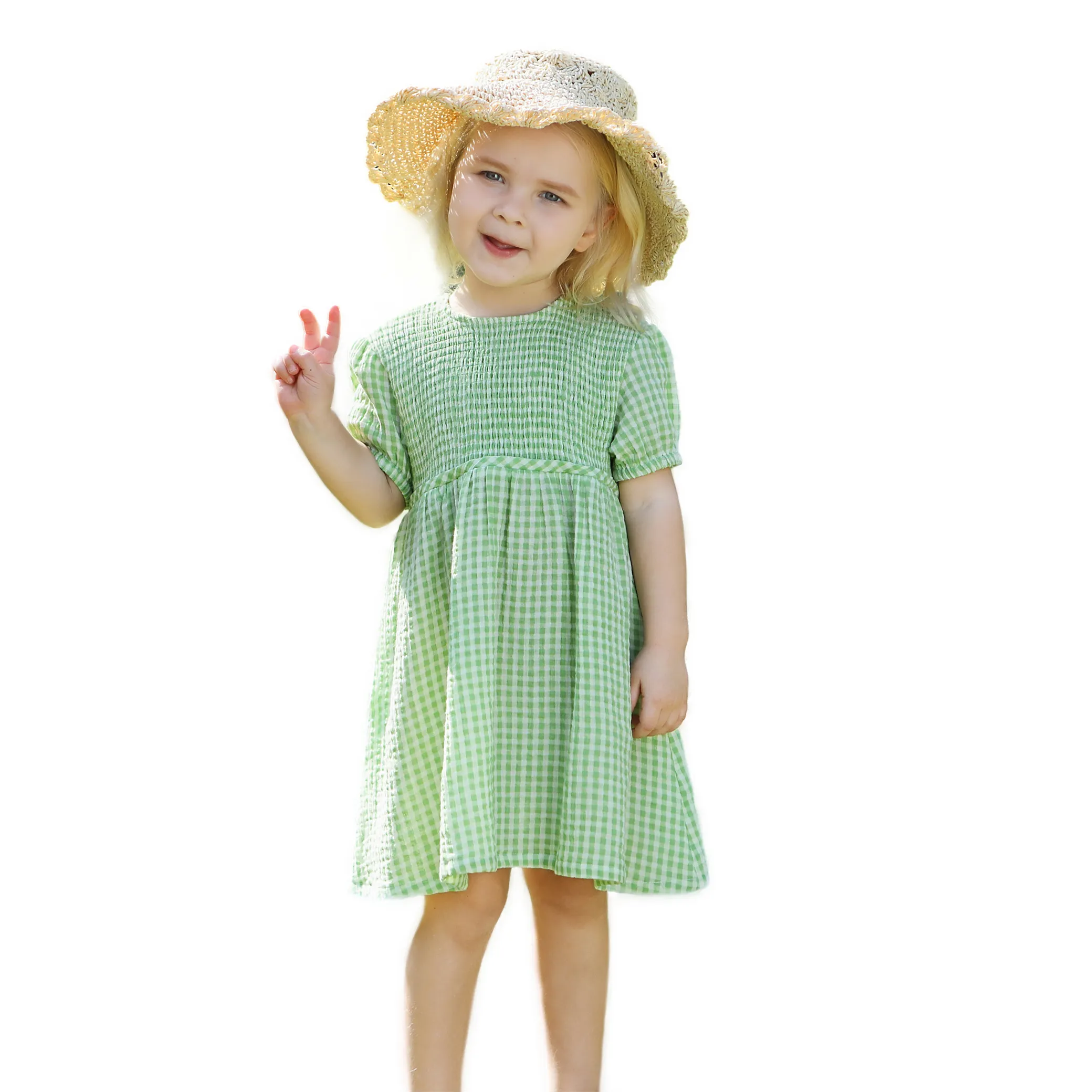 Gingham Toddler Girls Dress Summer Plaid Smocking Princess Dress Muslin Cotton Puff Sleeve Checked Little Girls Dresses