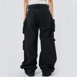 Vintage Washed Denim 100% Cotton Baggy Jeans Traveler Solid Cargo Pants Multi 3D Pockets Wide Leg Jeans 13-16 Oz Denim Men