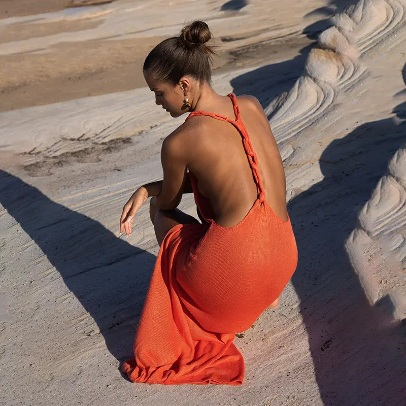 Bestwayclox Badebekleidung Damenüberzug 2024 solide orange Damen einteilig gestrickt Überzug Bikini-Kleid rückenfrei Badebekleidungshalter