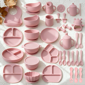 Usine de haute qualité en gros bébé alimentation ronde en forme d'aspiration <span class=keywords><strong>Silicone</strong></span> assiette tasse bavoir cuillère sucette bébé alimentation ensemble - Product Image 1