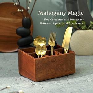 Boîte de rangement en bois pour couverts de cuisine, compartimentée pour cuillères, baguettes, couteaux et fourchettes, multi-usages - Product Image 2