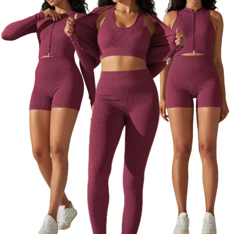 2024 all'ingrosso abbigliamento Fitness 4 pezzi di sollevamento del culo a vita alta Sport per le donne di lusso cotone caduta cerniera manica lunga set Yoga
