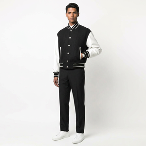 Custom <b>Men</b> Genuine Leather Stand Collar Front Embroidered <b>Letter</b> Pattern Winter Varsity <b>Jacket</b> High Fashion Casual Outdoor - Product Image 1