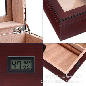 Humidor de madera maciza para puros con tapa de cristal e higrómetro digital, caja de almacenamiento rectangular de cedro, superficie lacada a prueba de humedad - Product Image 5
