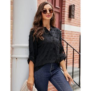 Womens Dressy Blouses Notch V Neck Long Sleeve Button <b>Down</b> Shirt Business Casual Work Tops Poplin Fabric - Product Image 4