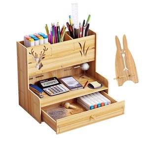 Bamboo Wood Storage Boxes Shelf Office DIY Pen Holder Desk Organizer with Drawer for Pen & File