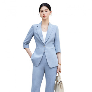 Women's Blue Suit Set Three Quarter Sleeve Lightweight Formal Workwear Business Commute Interview - Product Image 5