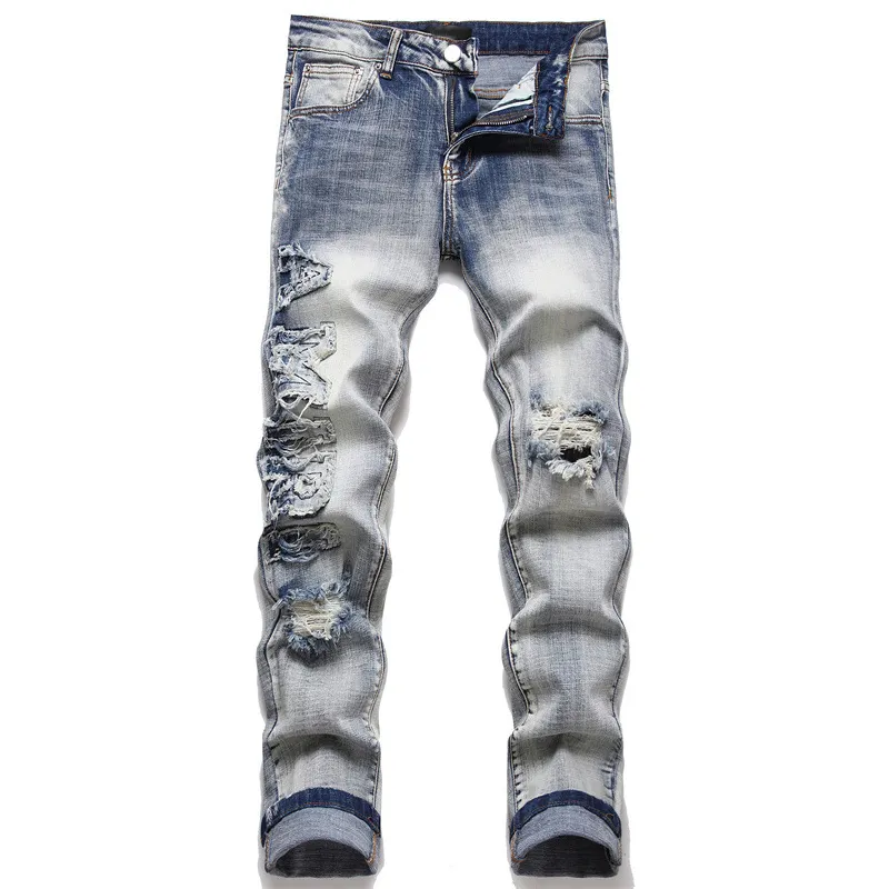 Washed Blue Denim Pants For Man Male Colorful Patch Holes Designer Fashion Jeans Hip Hop Men Slim Straight Denim Trousers