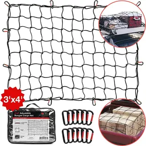 Truck Roof Rack Cargo Net with 12 Metal Carabiners for Cars & SUVs - 3' x 4' Stretches to 6' x 8'