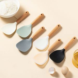 Cuillères à riz en silicone antiadhésives résistantes à la chaleur avec manche en bois, design autoportant pour la cuisine domestique - Product Image 4