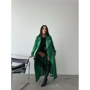 Manteau Trench Long en Cuir Véritable Vert Décontracté Imprimé Imperméable avec Ceinture et Doublure en Soie Poids Personnalisé pour Automne Hiver - Product Image 6