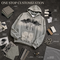 Sweat à capuche zippé RAMAX 480GSM gris délavé avec motif éclair, coupe oversize, style urbain vieilli, pour homme, personnalisable OEM ODM