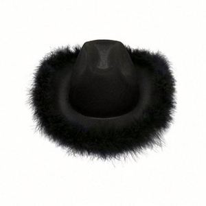 Chapeaux de cowgirl de style occidental pour femmes et filles, chapeau Fedora à bord roulé, bordure en plumes, rose, chapeaux de cowgirl - Product Image 6