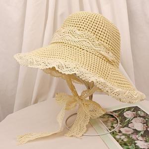 Sombrero de Paja Natural con Ribete de Encaje para Mujer Adulta, Plegable, Protección Solar, Estilo Fresco y Dulce, con Lazo - Product Image 1