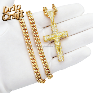 Collar con Colgante de Cruz de Cristo de 14K Estilo Marroquí Hip Hop - Collar de Moda con <span class=keywords><strong>Cadena</strong></span> Cubana de Acero Inoxidable 306L - Product Image 4