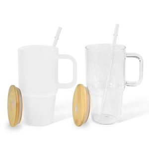 Vaso Personalizado de Vidrio Esmerilado Transparente de 20 oz para Sublimación, Taza con Asa y Tapa de Bambú - Product Image 6