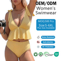 Maillot de bain grande taille pour femme Shanhao, motif carreaux, volants, nœud papillon, bretelles, taille haute, tankini, tenue de plage, protection UV, OEM ODM