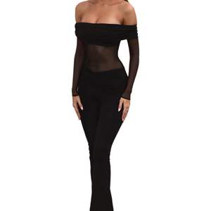 Combinaison noire personnalisée 2026 pour femme, taille haute, manches longues, maille transparente, jambes évasées, tenue une pièce sexy pour club - Product Image 3