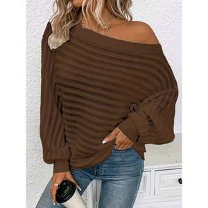 Pull côtelé à épaules dénudées pour femme, haut en tricot à manches longues, blanc - Product Image 2