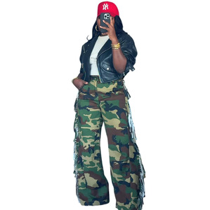 Pantalon cargo décontracté à franges latérales pour <span class=keywords><strong>femme</strong></span>, <span class=keywords><strong>coupe</strong></span> droite, style moto, jambe large, motif camouflage, en jean - Product Image 5