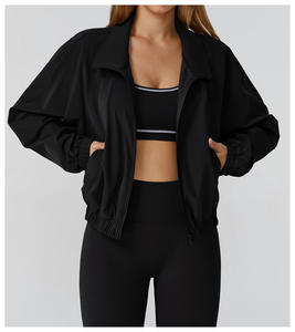 <b>Women</b> S <b>Long</b> <b>Sleeves</b> Loose Stand Neck <b>Sports</b> Jacket Full Zipper Elastic Waist <b>Top</b> Side Pockets Windproof Outdoor Gym 2-Piece Set - Product Image 5