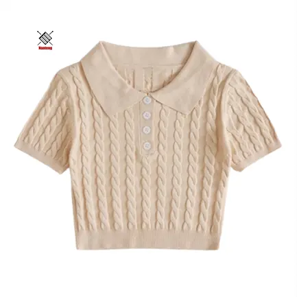 Hot Selling Half Button Cable Fitted Women Short Sleeve Knitted Crop Top Sweater