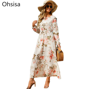 Abiti floreali in stile francese di nuova moda <span class=keywords><strong>manica</strong></span> <span class=keywords><strong>lunga</strong></span> elastico in vita o-collo <span class=keywords><strong>a</strong></span>-line <span class=keywords><strong>vestiti</strong></span> da donna elegante abito lungo Casual - Product Image 1