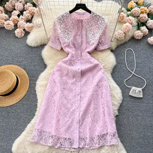 LE1665 Luxury Handmade Beaded Lace Celebrity Party Women'S Casual Dress Elegant Short Sleeve A-Line Fairy Boutique Dress