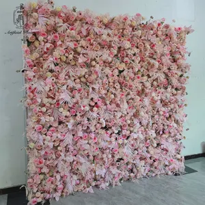 DKB New 3D Roll Up Tropical Leaves Backdrop Panel Pink Artificial Rose Grass Flower Wall For Wedding Event Stage Decor
