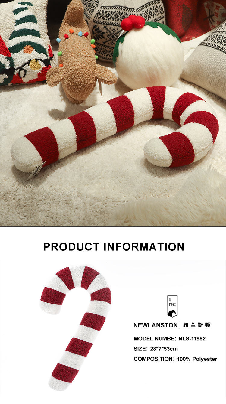 Factory Custom Cozy Sherpa Fleece Blue White Candy Cane J Shape Pillow  Merry Christmas Decor Cushions