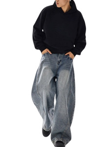 Calças <span class=keywords><strong>Jeans</strong></span> Masculinas de Corte Solto e Reto, Azul Sólido, Denim de Peso Médio, Calças Cargo Oversized com Bolsos, Estilo Casual - Product Image 4