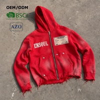 Maßgeschneiderte Markenkleidung: Acid-Wash Baumwoll-Hoodie mit Ausgefranstem Saum, Nieten-Tasche, Reißverschluss, Übergroßer Cropped Streetwear Hoodie