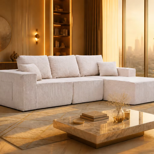 Modulares L-förmiges Beige Cord-Ecksofa-Set, Erweiterbar & Umwandelbar, Schaumstoffgefüllt für Apartments, Hotels, Villen und Wohnzimmer - Product Image 1