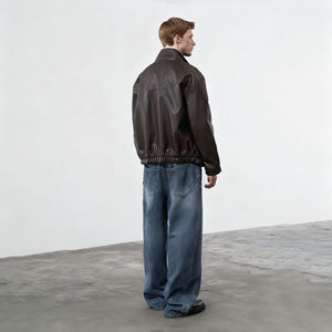 Мужская повседневная кожаная куртка на молнии с высоким воротом - Product Image 3