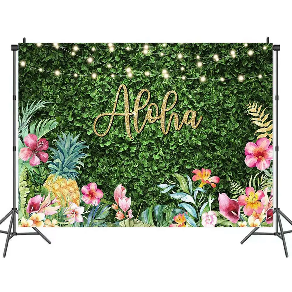 Aloha Backdrop Green Grass Leaves Pineapple Floral Photography Background for Baby Shower Party Decoration Hawaiian Tropical