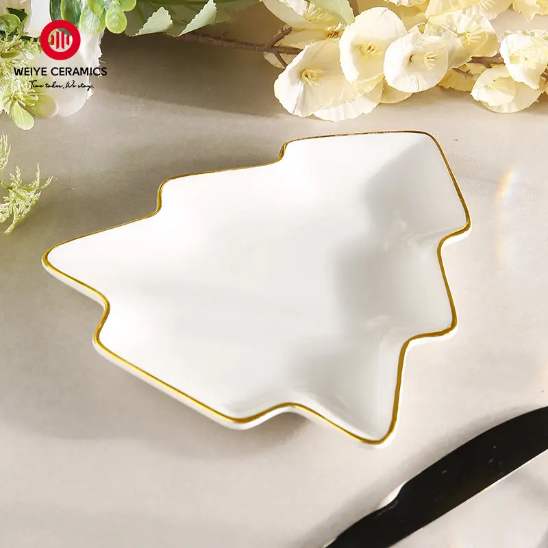WEIYE-plato de navidad con borde dorado, placa personalizada con forma de árbol, plato de postre de cerámica al por mayor