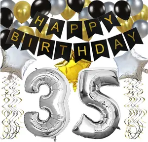 Siyah mutlu doğum günü afişler gümüş yıldız 35 numara folyo balonlar asılı 35. Doğum günü partisi süslemeleri malzemeleri için swirls