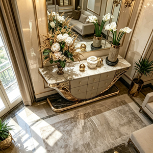 Buffet en fibre de verre noir mat avec incrustation irrégulière en bloc de pierre ardoise dorée, meuble de rangement mixte avec <span class=keywords><strong>tiroirs</strong></span> pour entrée de villa et usage domestique - Product Image 6