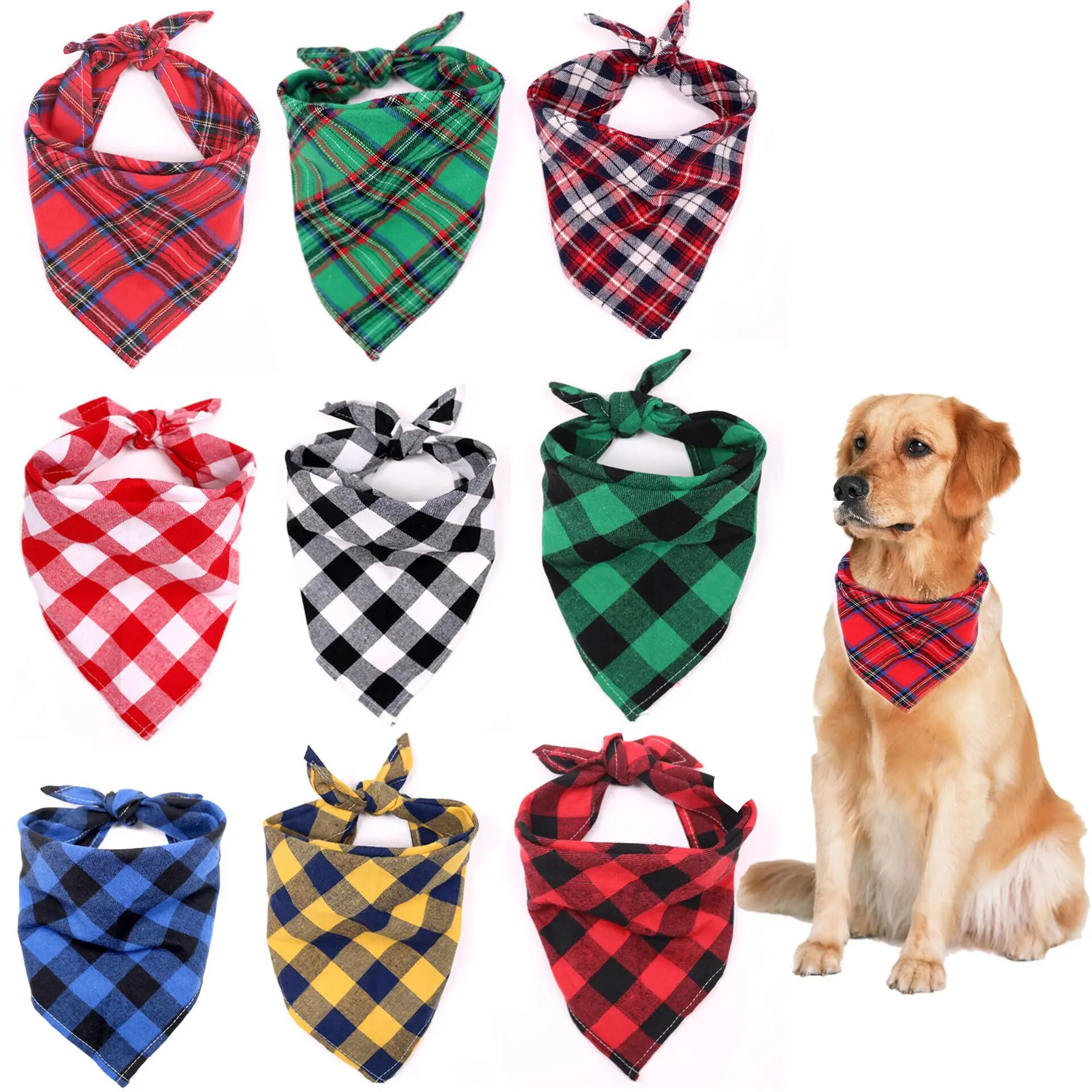 Venta al por mayor a granel Mascota Otoño Invierno Grueso Cuello Bufanda Algodón Plaid Triángulo Bandanas Para Perros